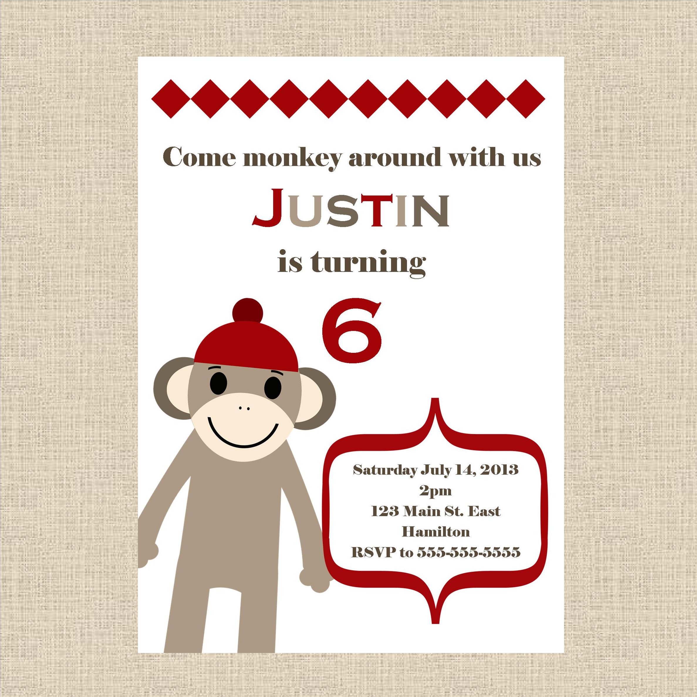 Sock Monkey Birthday Party Invitation Girl Or Boy Printable on Luulla